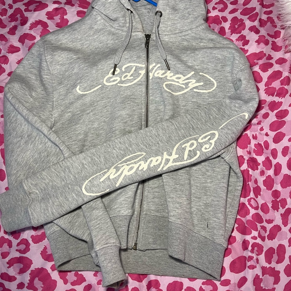 GREY ED HARDY ZIP UP HOODIE🩶😱